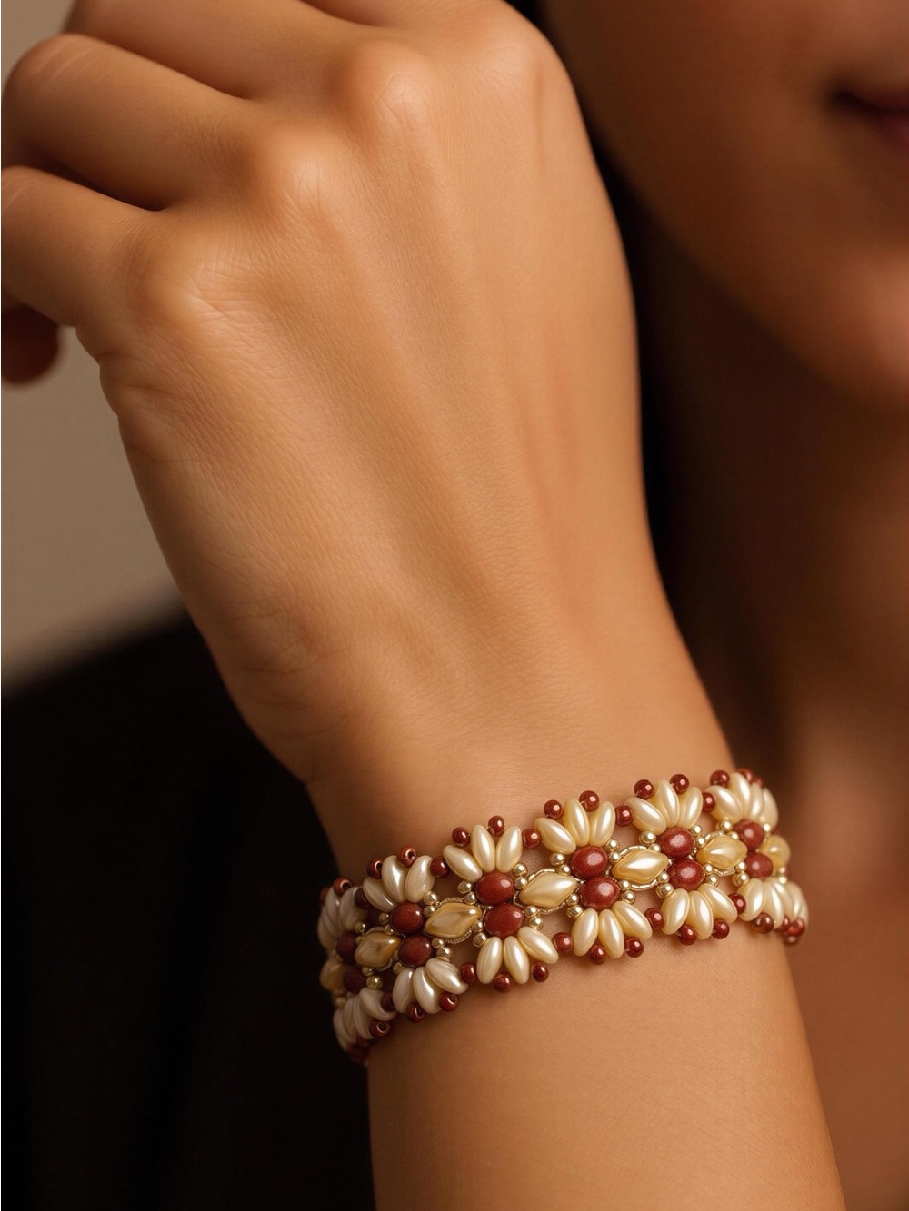Pearl Flower Beaded Bracelet in Cream and Red